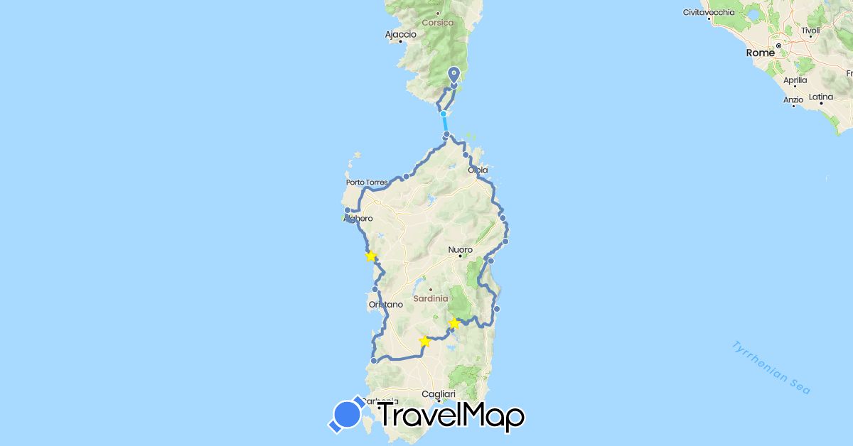 TravelMap itinerary: driving, cycling, boat in France, Italy (Europe)