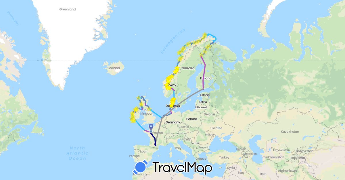 TravelMap itinerary: driving, bus, plane, cycling, train, hiking, boat in Germany, Denmark, Finland, France, United Kingdom, Ireland, Netherlands, Norway (Europe)